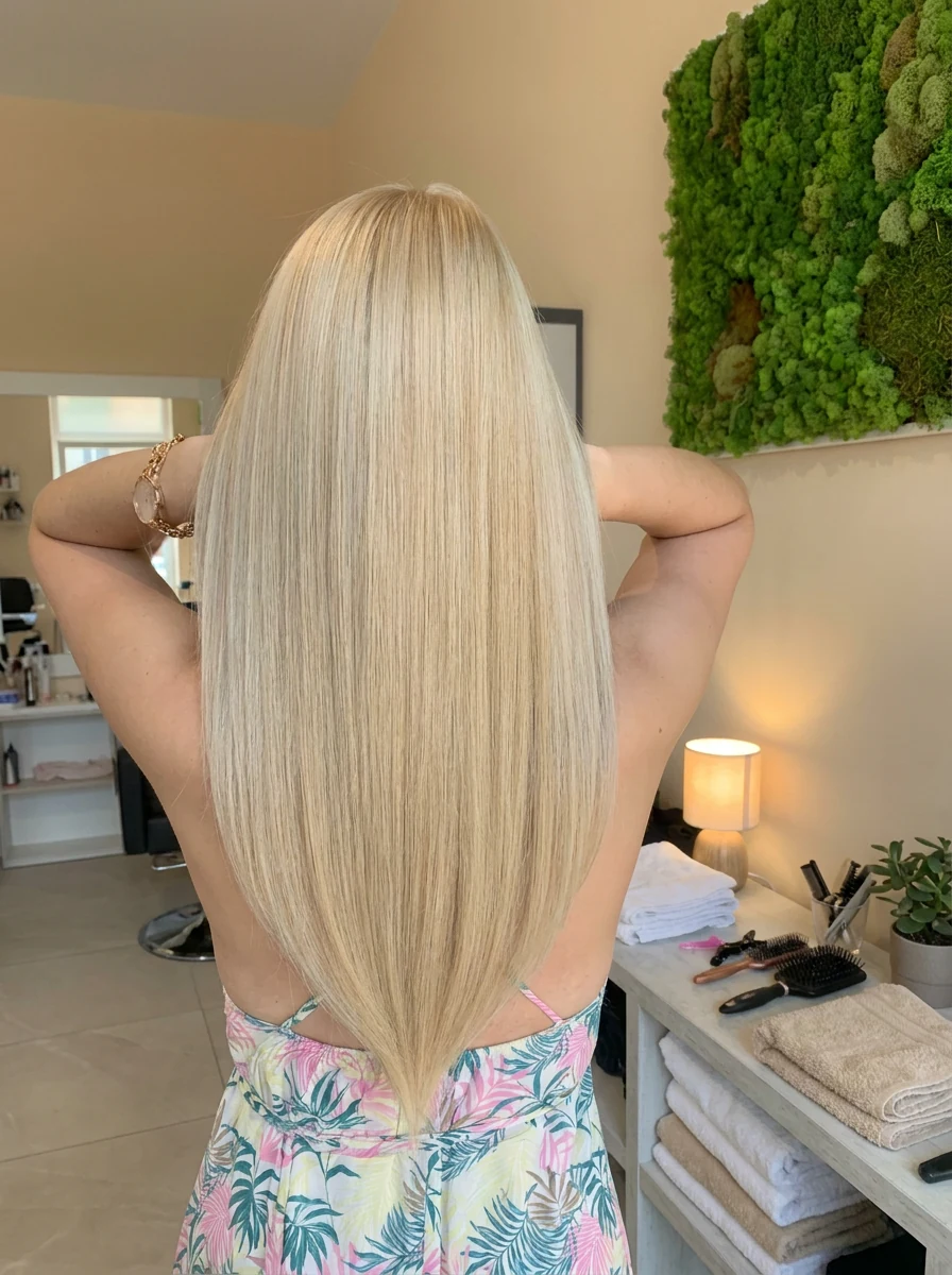 Rovné platinově blond vlasy, pohled zezadu, mechová stěna v pozadí